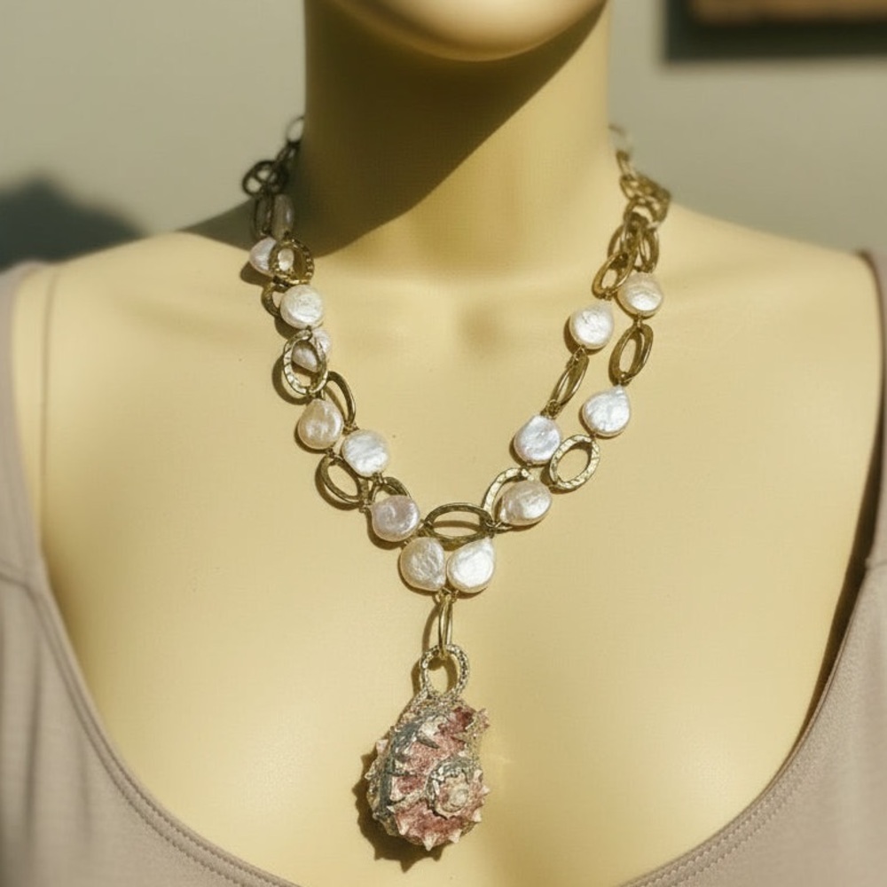 Conch Shell & White Keshi Teardrop Pearl Necklace With Artisan Silver Metalwork - Picture 3 of 17